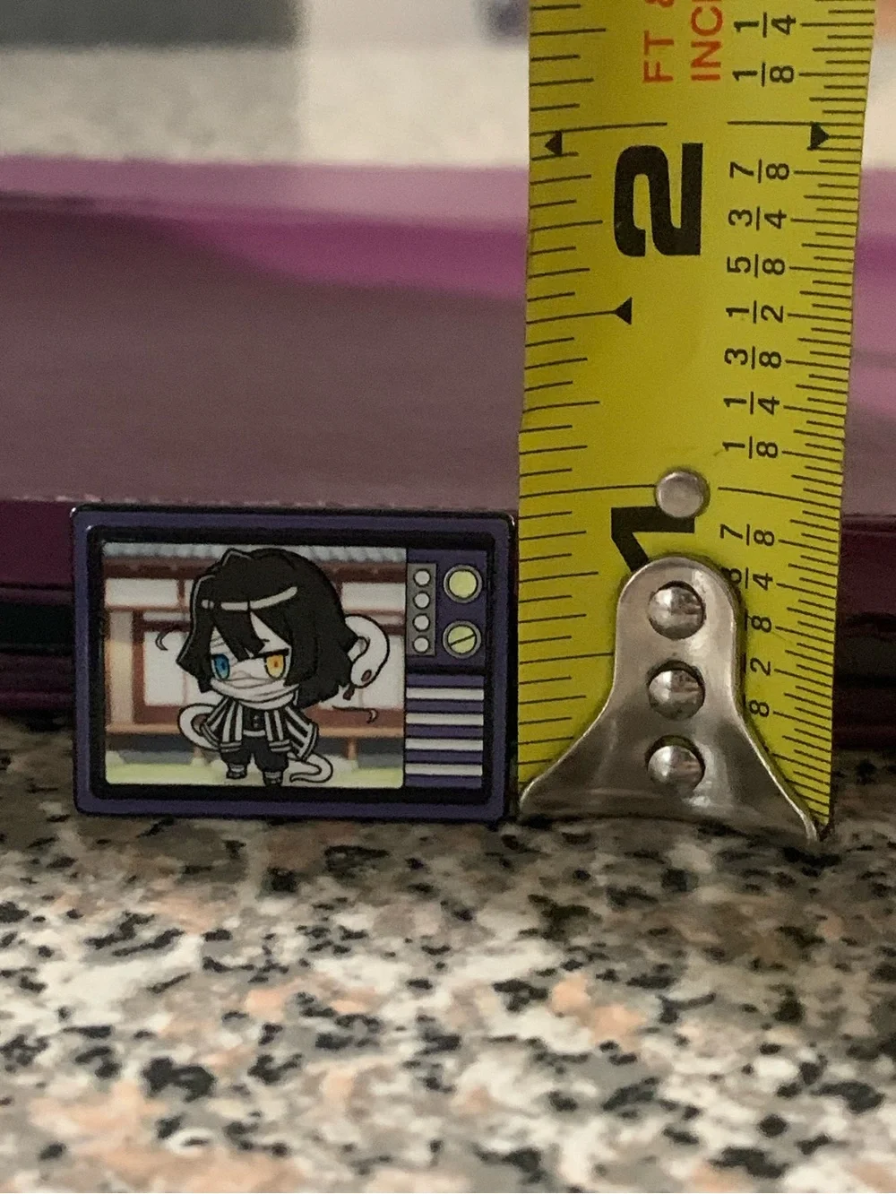 Purple Retro TV Enamel Pin with Chibi Obanai